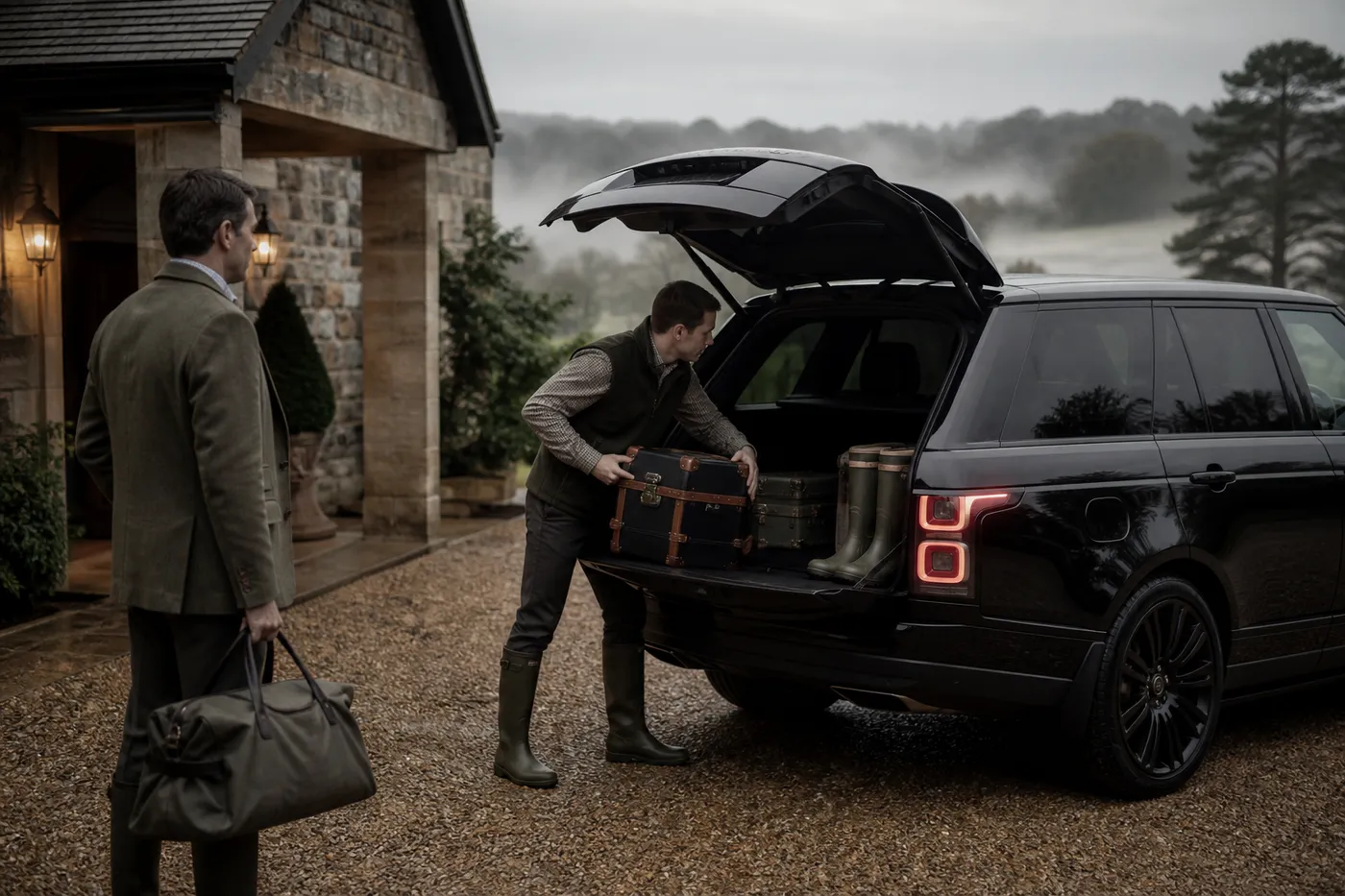 A chauffeur car on a motorway crossing flat farmland in East Anglia