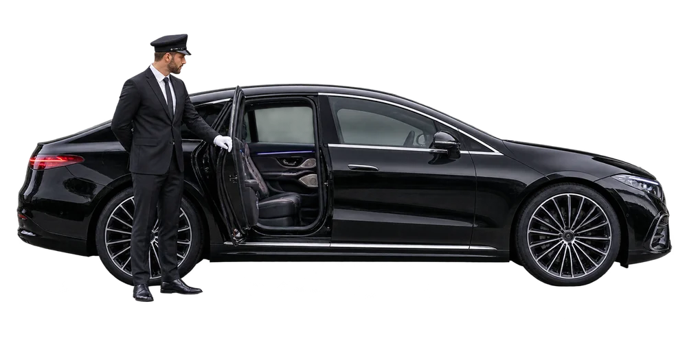 Side view of a first saloon chauffeur vehicle, shown against a plain panel.