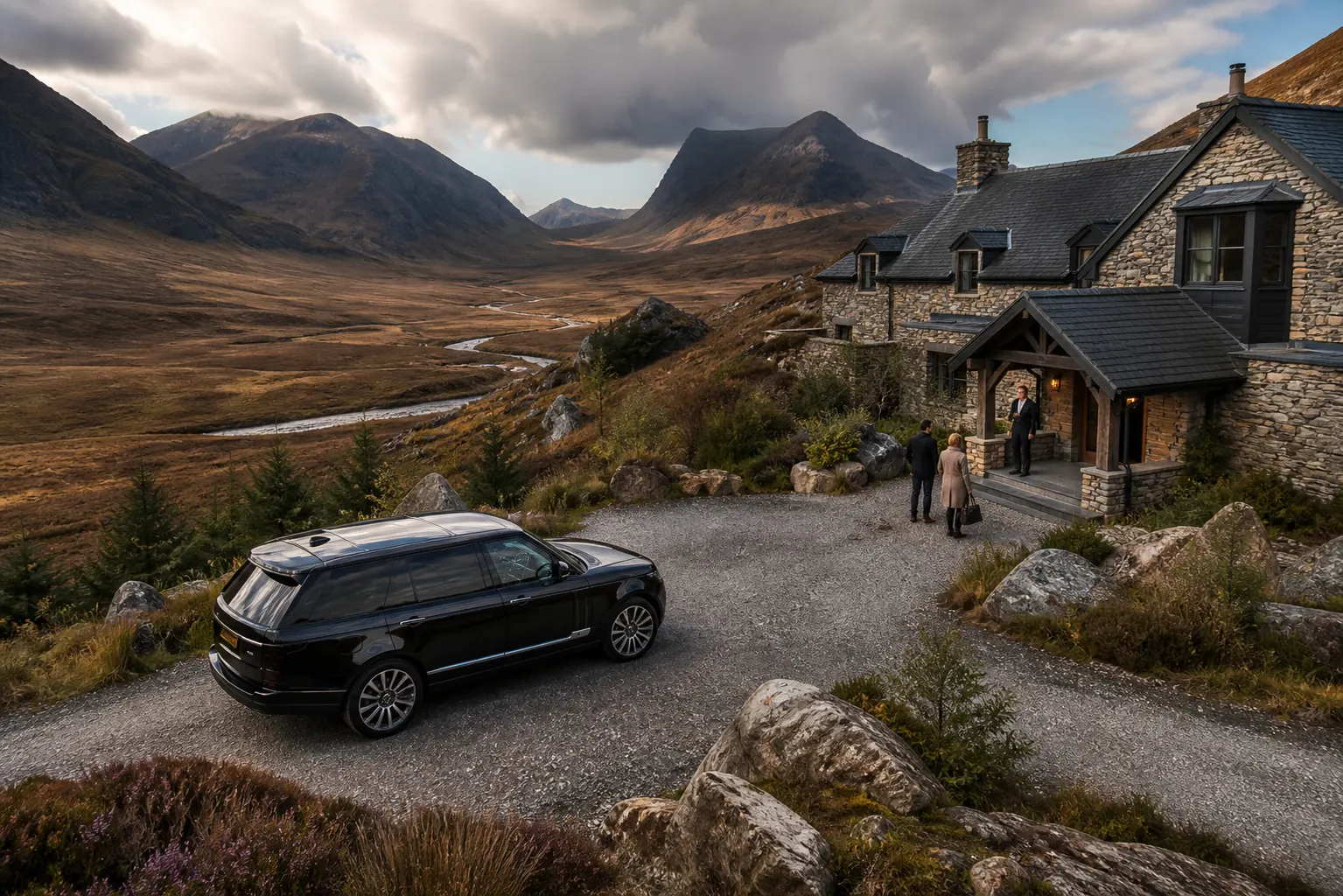 A chauffeur car on an empty road with Scottish hills rising in the distance
