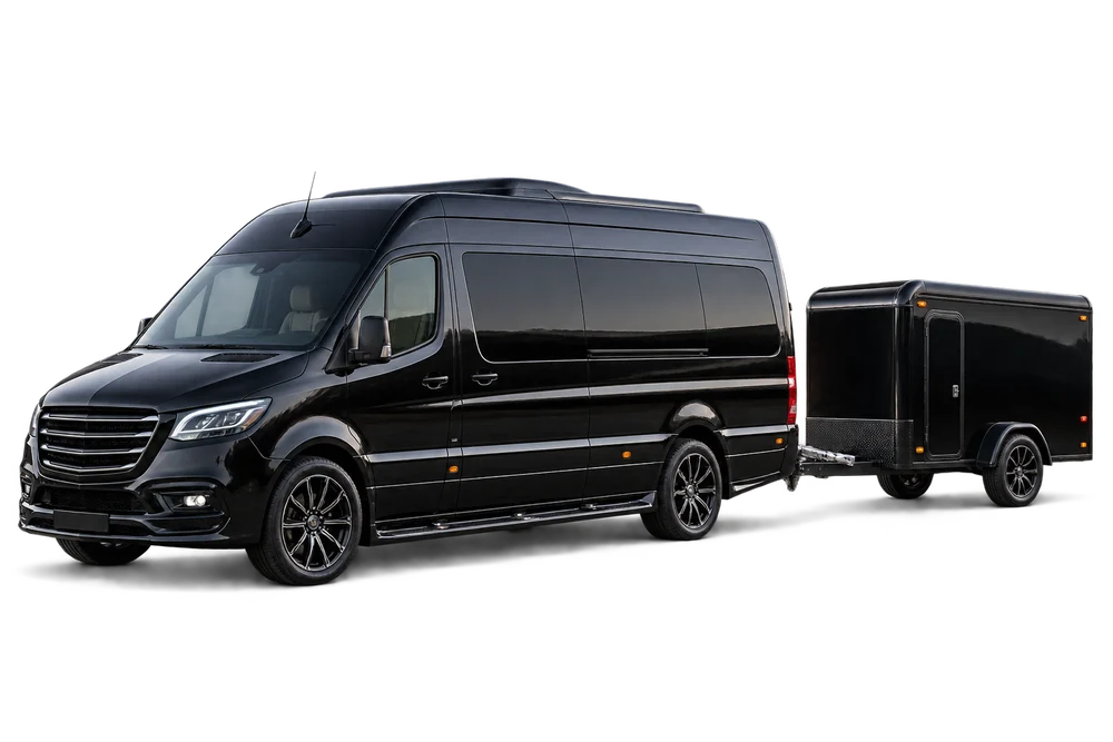 Cut-out of a chauffeur van with a luggage trailer, shown against a plain panel.